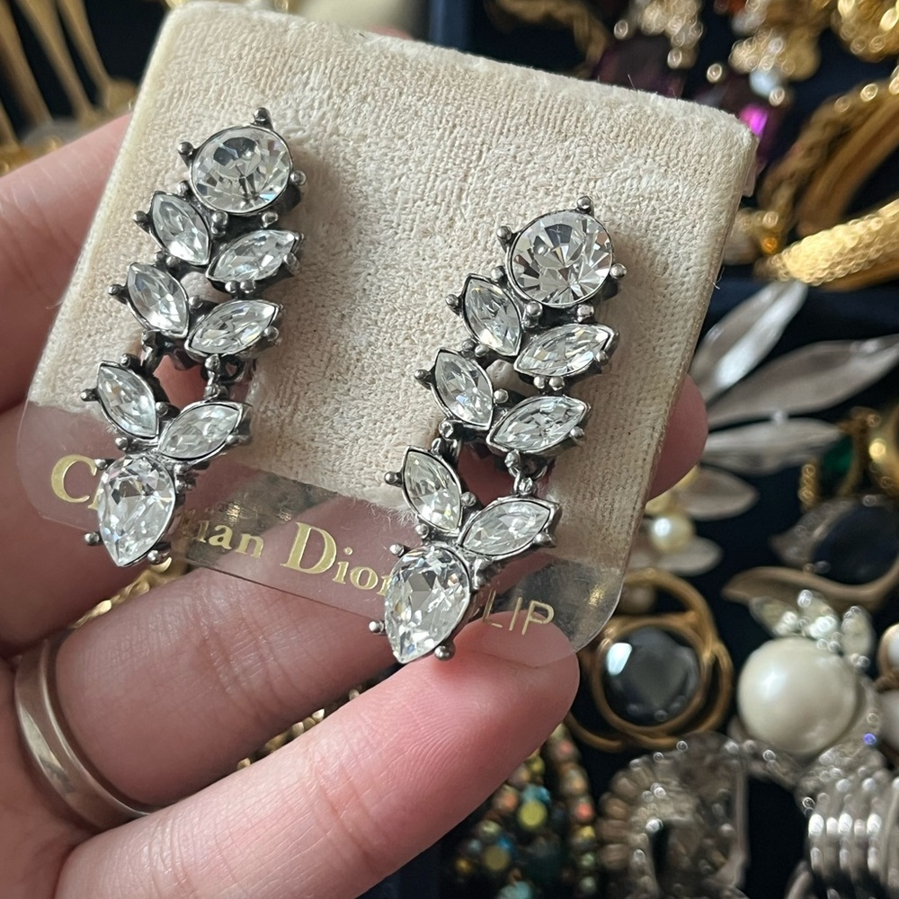 NWT Vintage Christian Dior Marquise Rhinestone Drop Patinated Silver Earrings - Picture 6 of 10